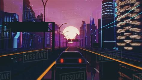 Retro Futuristic 80s Style Drive In Neon City Cyberpunk Sunset