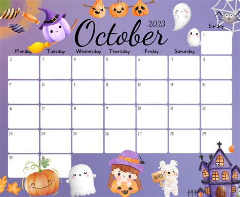 Editable October 2023 Calendar Happy Halloween Pretty Ghost Etsy Artofit