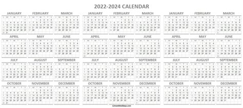 Printable Calendar 2022 2023 2024 Template Three Year Calendar