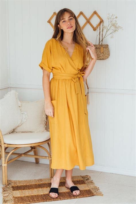 Gemma Linen Midi Wrap Dress Mustard Wrap Dress Midi Dresses