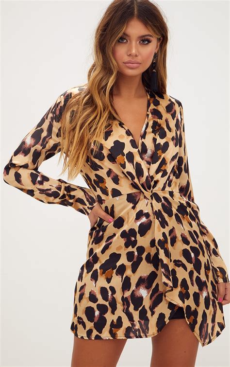 Leopard Print Satin Long Sleeve Wrap Dress Prettylittlething Ksa