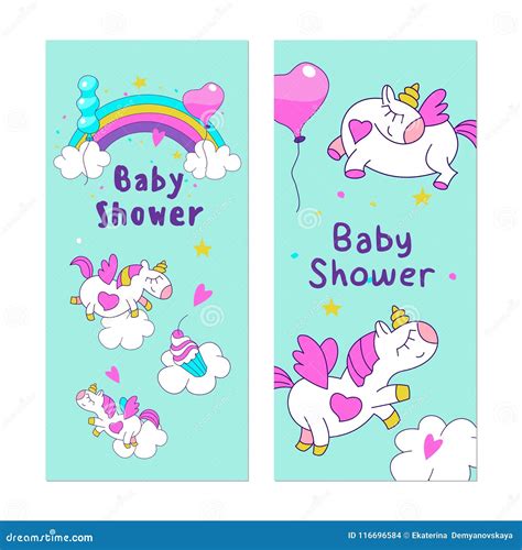 Cute Unicorns On The Rainbow Among The Clouds Baby Shower Party Stock