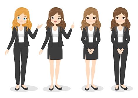 Mujer De Negocios Joven En Ropa De Oficina Con Diferentes Poses De Mano