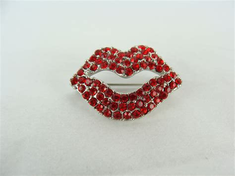vintage lip brooch 80s red rhinestone lips kiss mouth old etsy rhinestone lips red