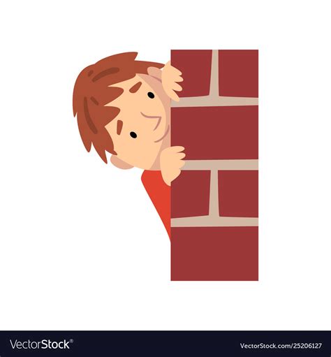 Boy Hiding Behind Brick Wall And Peeping Cartoon Vector Image