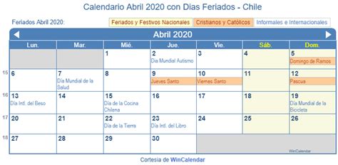 Calendario Abril 2020 Para Imprimir Chile