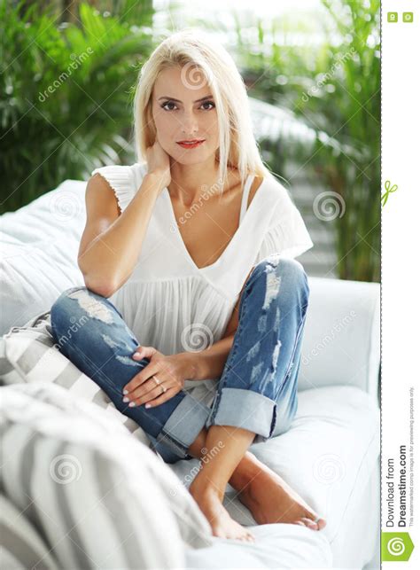 Gorgeous Woman Stock Photo Image Of Beauty Home Jeans 77981424