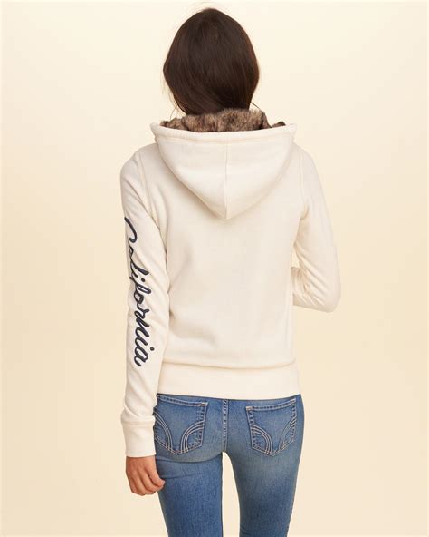 hollister faux fur lined graphic hoodie in white lyst