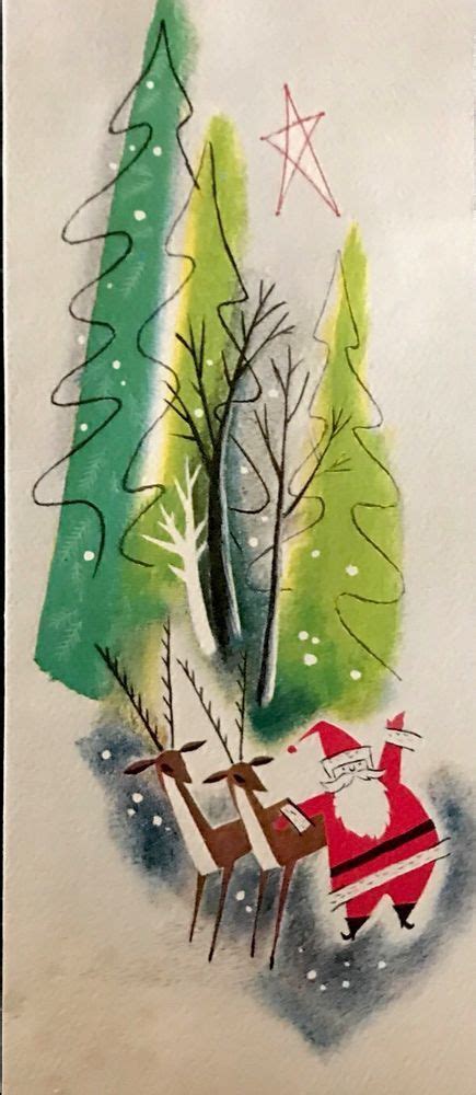 Mcm Santa Reindeer Abstract Trees Vintage Christmas Card 1950s Card