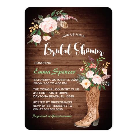 Rustic Boho Cowgirl Floral Boots Bridal Shower Ll Invitation Zazzle