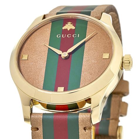 Gucci G Timeless Green Red And Brown Gold Tone Case Leather Strap