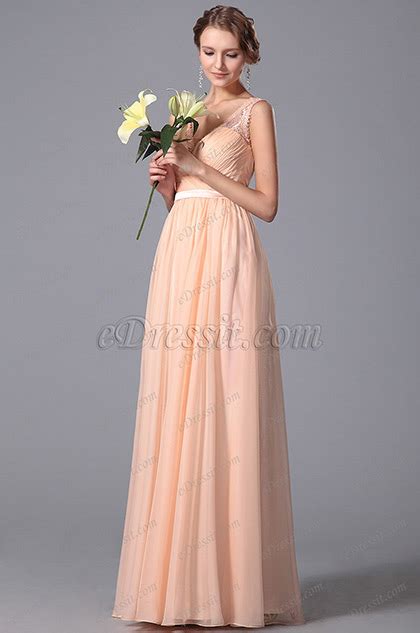 Elegant Sleeveless Lace Shoulders Peach Bridesmaid Dress 00152001