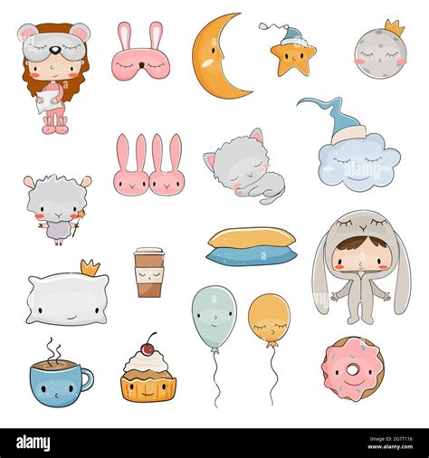Pajama Party Cute Cartoon Set Vector Illustration Stock Vector Image