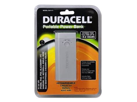 Built into battery design •will recharge most smartphones two full times. DURACELL Portable Power Bank & AC Charger (4000 mAh ...