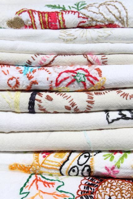 Huck towel with hemstitching ; vintage flour sack towels, embroidered cotton dishtowels ...