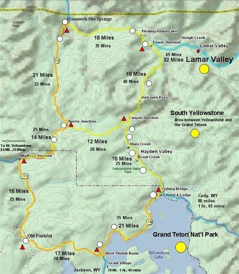 Yellowstone Distances Between Landmarks Yellowstone Map National