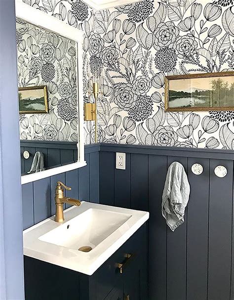 Alannah Navy Botanical Wallpaper Floral Bathroom Small Bathroom