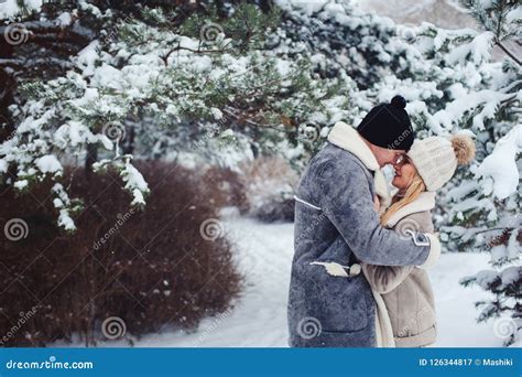 Winter Portrait Of Romantic Couple Kissing In Snowy Forest Stock Image Image Of Relationship