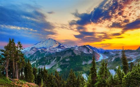 Download Sunset Sky Forest Mountain Nature Landscape Wallpaper