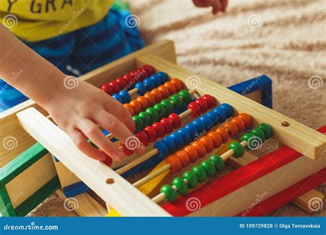 Preschooler Baby Learns To Count Cute Child Playing With Abacus Toy