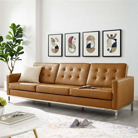 Loft Tufted Upholstered Faux Leather Sofa In Silver Tan