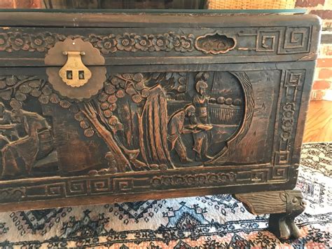 Vintage Chinese Relief Carved Wooden Chest Trunk 36w X 16d X 20h