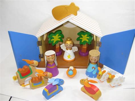 Childrens Christmas Nativity Scene Set Ornament Wood Shed Jesus Mary