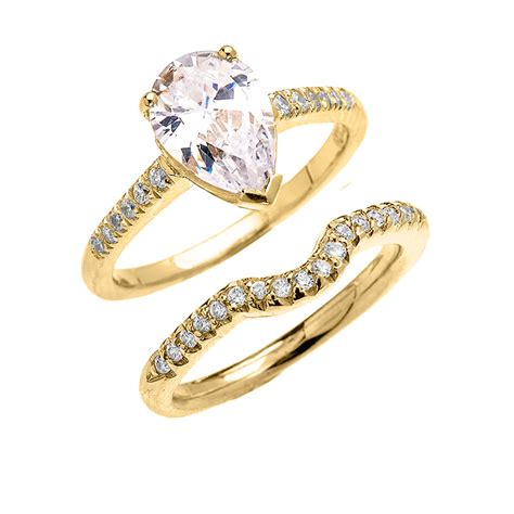 Yellow Gold Dainty Diamond Wedding Ring Set With 3 Carat Pear Shape