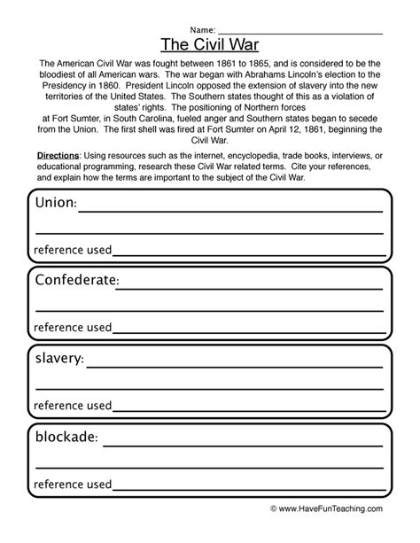 Civil War Worksheet By Teach Simple