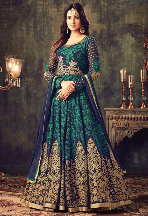 buy sonal chauhan blue green georgette party wear anarkali suit 4705 online in usa uk and