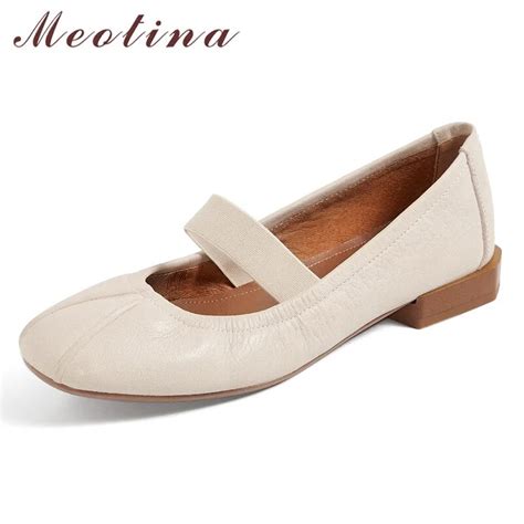 Meotina Mary Janes Shoes Women Natural Genuine Leather Flat Shoes Round