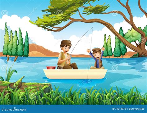Pesca Do Pai E Do Filho No Lago Ilustração Stock Ilustração De Arte