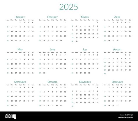2025 Year Calendar The Week Starts On Sunday Desk Planner Template