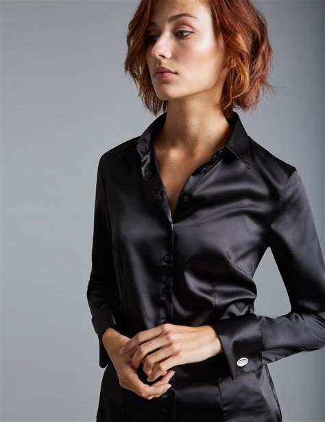 Womens Black Fitted Satin Shirt Double Cuffs Modestil Bluse