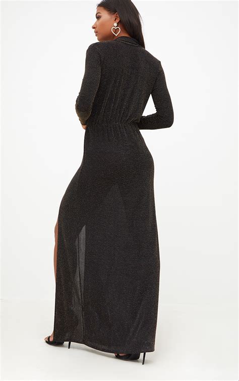 Black Lurex Plunge Long Sleeved Maxi Dress Dresses Prettylittlething