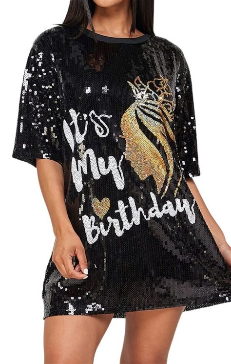 2chique Boutique Women’s Sequin T Shirt Dress Its My Birthday With Gold