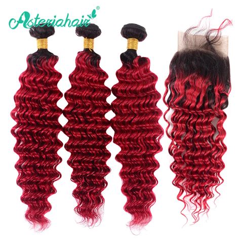Asteria Brazilian Deep Wave Human Hair Bundles With Closure 1bred Color 3 Pcs Ombre Hair