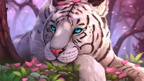 1360x768 Blue Eyes White Tiger In Fantasy World Desktop