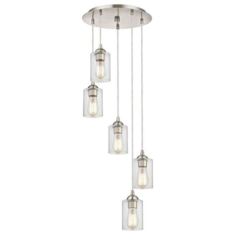 Satin Nickel Multi Light Pendant With Clear Cylinder Glass And 5 Lights
