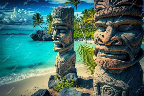 Premium Photo Ancient Stone Idols Tiki Mask On Beach On Exotic Island
