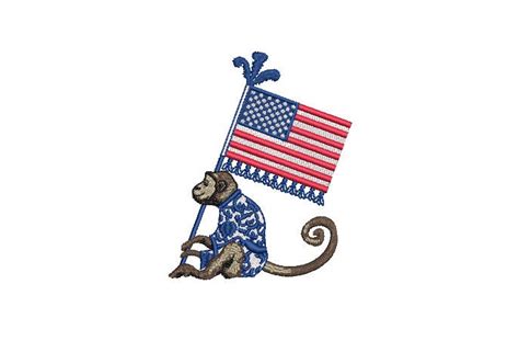 Chinoiserie Monkey With Usa Flag Machine Embroidery File Design 4x4