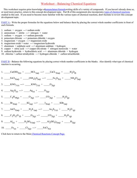 Synthesis, decomposition, single replacement, double replacement, and combustion. Balancing Chemical Equations Practice Worksheet Answer Key ...