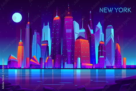 Vetor De Modern New York City Cartoon Vector Night Landscape Urban Cityscape Background With
