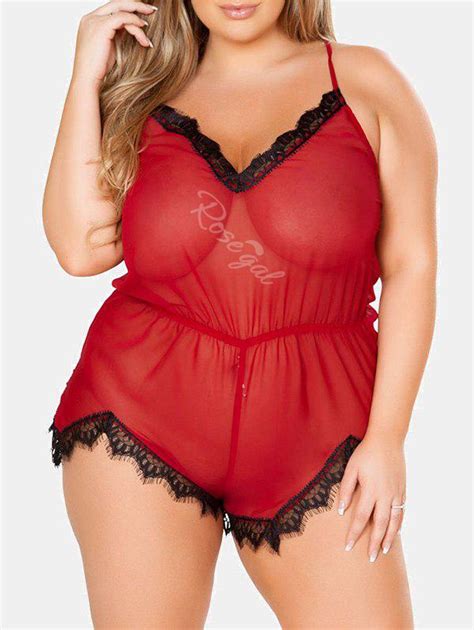 [27 Off] Plus Size Lingerie Sheer Contrast Romper With Lace Rosegal