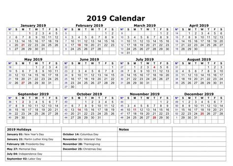 Download 20 Printable Yearly Calendar 2019 With Usa Holidays School