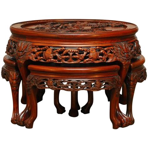 Round Chinese Carved Rosewood Tea Table With Nesting Stools Tea Table