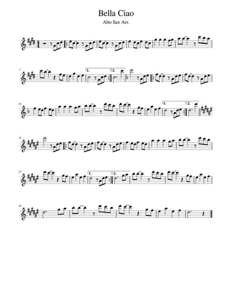 Bella Ciao Sheet Music For Saxophone Alto Solo