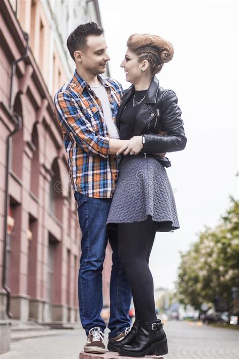 Happy Lovers Hugging When Meeting On The Street Stock Image Image Of