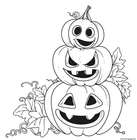 Pumpkin Stack Of Carved Pumpkins With Vine Coloring Page Printable