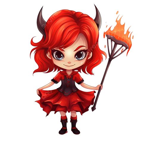 Cartoon Little Girl Wearing Halloween Devil Costume Holding Pitchfork